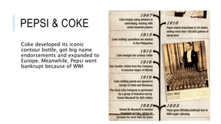 PEPSI & COKE
Coke developed its iconic
contour bottle, got big name
endorsements and expanded to
Europe. Meanwhile, Pepsi went
bankrupt because of WWI
 