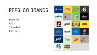 PEPSI CO BRANDS
Pizza Hut
KFC
Tacco Bell
Frito Lays
 