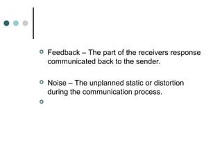  Feedback – The part of the receivers response
communicated back to the sender.
 Noise – The unplanned static or distort...