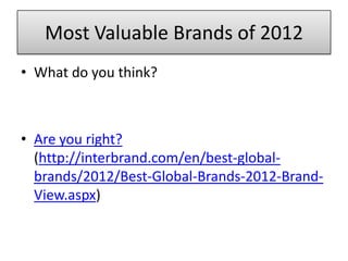 Most Valuable Brands of 2012
• What do you think?
• Are you right?
(http://interbrand.com/en/best-global-
brands/2012/Best-Global-Brands-2012-Brand-
View.aspx)
 