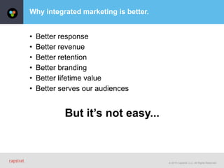 © 2015 Capstrat, LLC. All Rights Reserved.
Why integrated marketing is better.
• Better response
• Better revenue
• Better retention
• Better branding
• Better lifetime value
• Better serves our audiences
But it’s not easy...
 
