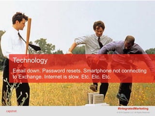 © 2015 Capstrat, LLC. All Rights Reserved.© 2015 Capstrat, LLC. All Rights Reserved.
Technology 
 
Email down. Password resets. Smartphone not connecting
to Exchange. Internet is slow. Etc. Etc. Etc.  
#IntegratedMarketing
 