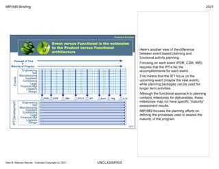 UNCLASSIFIED
IMP/IMS Briefing 2021
Glen B. Alleman Denver, Colorado Copyright (c) 2021
Here’s another view of the difference
between event based planning and
functional activity planning.
Focusing on each event (PDR, CDR, IBR)
requires that the IPT’s list the
accomplishments for each event.
This means that the IPT focus on the
upcoming event (maybe the next event),
while planning packages can be used for
longer term activities.
Although the functional approach to planning
contains milestones for deliverables, these
milestones may not have specific “maturity”
assessment results.
IMP/IMS focuses the planning efforts on
defining the processes used to assess the
maturity of the program
 
