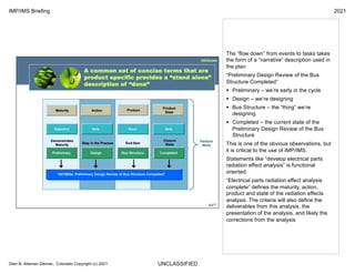 UNCLASSIFIED
IMP/IMS Briefing 2021
Glen B. Alleman Denver, Colorado Copyright (c) 2021
The “flow down” from events to tasks takes
the form of a “narrative” description used in
the plan
“Preliminary Design Review of the Bus
Structure Completed”
§ Preliminary – we’re early in the cycle
§ Design – we’re designing
§ Bus Structure – the “thing” we’re
designing
§ Completed – the current state of the
Preliminary Design Review of the Bus
Structure
This is one of the obvious observations, but
it is critical to the use of IMP/IMS.
Statements like “develop electrical parts
radiation effect analysis” is functional
oriented.
“Electrical parts radiation effect analysis
complete” defines the maturity, action,
product and state of the radiation effects
analysis. The criteria will also define the
deliverables from this analysis, the
presentation of the analysis, and likely the
corrections from the analysis
 