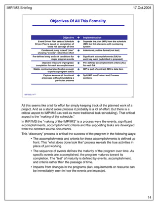 IMP/IMS Briefing 17.Oct.2004
14
14
IMP/IMS 14/54
Objectives Of All This Formality
Split IMP into Product and Process
secti...