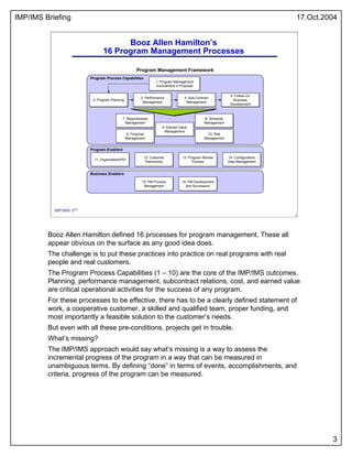 IMP/IMS Briefing 17.Oct.2004
3
3
IMP/IMS 3/54
Booz Allen Hamilton’s
16 Program Management Processes
Program Enablers
Progr...