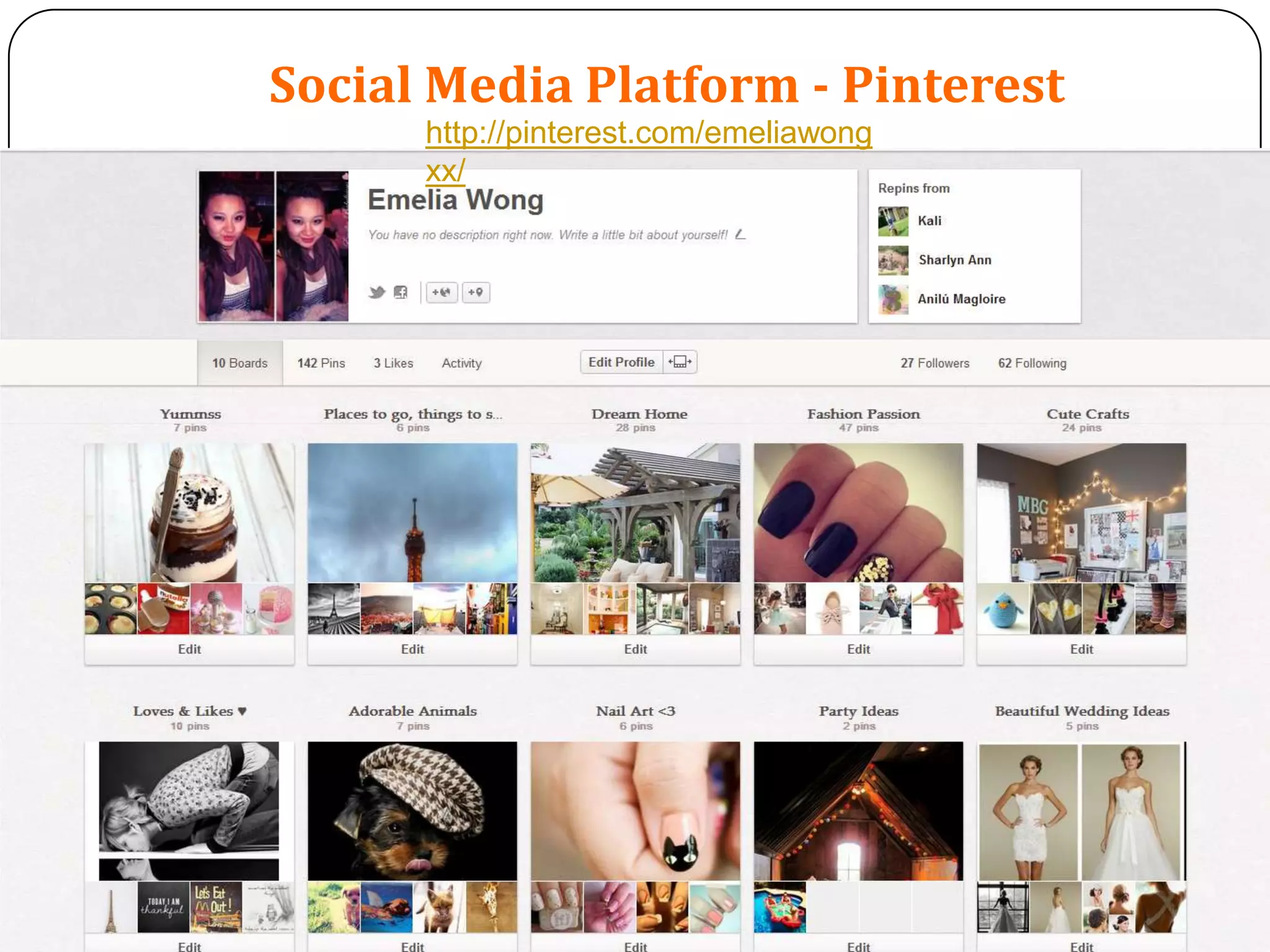 Social Media Platform - Pinterest
      http://pinterest.com/emeliawong
      xx/
 