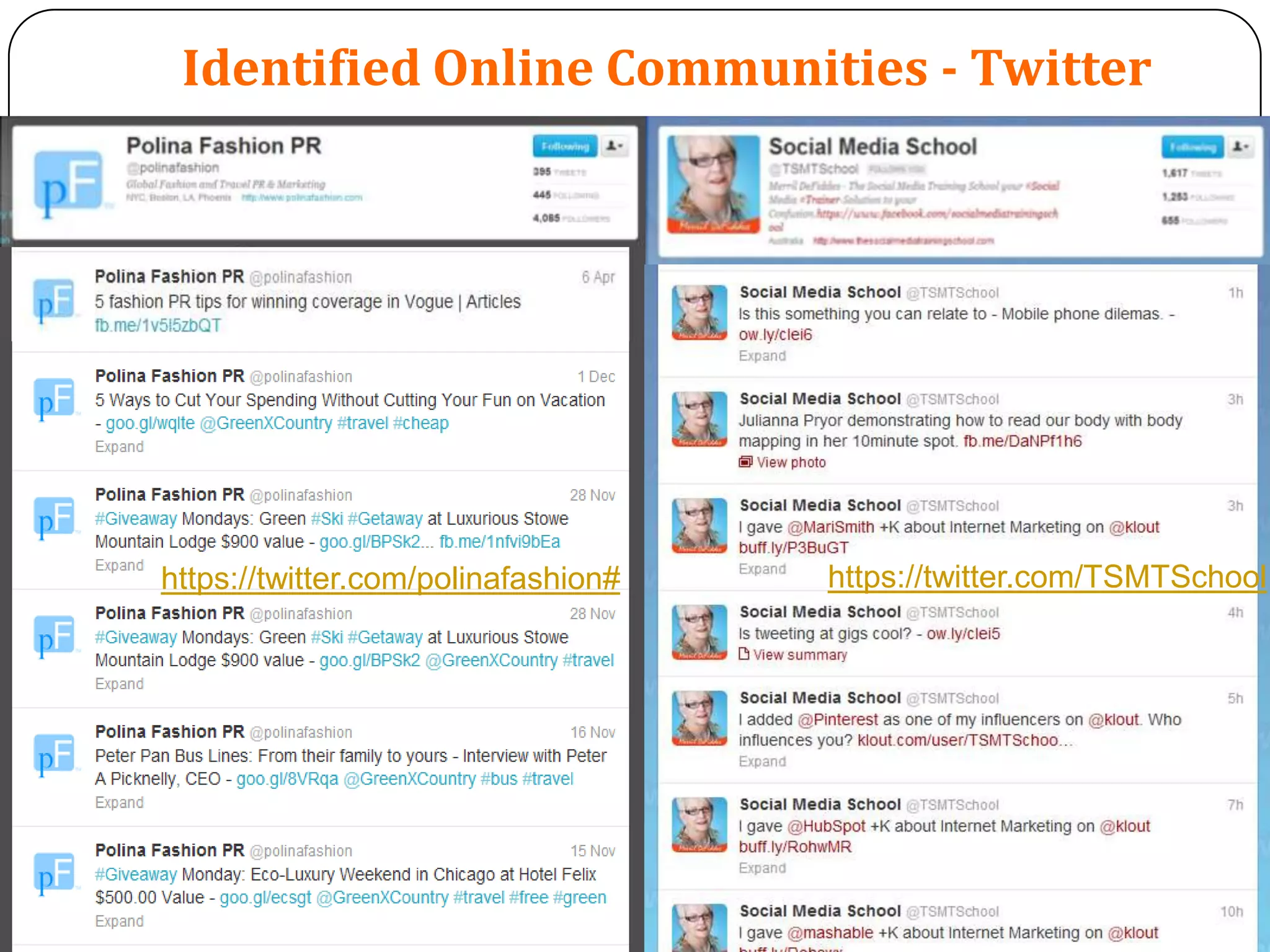 Identified Online Communities - Twitter




https://twitter.com/polinafashion#   https://twitter.com/TSMTSchool
 