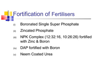 Fortification of Fertilisers
(i) Boronated Single Super Phosphate
(ii) Zincated Phosphate
(iii) NPK Complex (12:32:16, 10:...