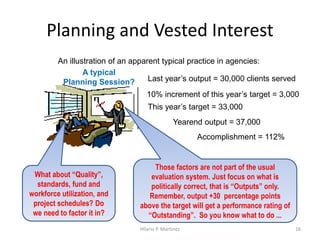 A typical
Planning Session?
Those factors are not part of the usual
evaluation system. Just focus on what is
politically correct, that is “Outputs” only.
Remember, output +30 percentage points
above the target will get a performance rating of
“Outstanding”. So you know what to do ...
Planning and Vested Interest
Last year’s output = 30,000 clients served
10% increment of this year’s target = 3,000
This year’s target = 33,000
Yearend output = 37,000
Accomplishment = 112%
16Hilario P. Martinez
An illustration of an apparent typical practice in agencies:
What about “Quality”,
standards, fund and
workforce utilization, and
project schedules? Do
we need to factor it in?
 