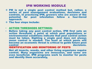IPM WORKING MODULE
 PM is not a single pest control method but, rather, a
series of pest management evaluations, decisions and
controls. In practicing IPM, growers who are aware of the
potential for pest infestation follow a four-tiered
approach.
 The four steps include:
• ACTION THRESHODS SETTINGS:
• Before taking any pest control action, IPM first sets an
action threshold, a point at which pest populations or
environmental conditions indicate that pest control action
must be taken. Sighting a single pest does not always
mean control is needed. The level at which pests will
become an economic threat is critical to guide future pest
control decisions.
IDENTIFICATION AND MONITORING OF PESTS
Not all insects, weeds, and other living organisms require
control. Many organisms are innocuous, and some are
even beneficial. IPM programs work to monitor for pests
and identify them accurately,
 