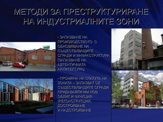 - ЗАПАЗВАНЕ НА
ПРОИЗВОДСТВОТО С
ОБНОВЯВАНЕ НА
СЪЩЕСТВУВАЩИТЕ
СГРАДИ И ИНФРАСТРУКТУРА
(ЗАПАЗВАНЕ НА
АВТЕНТИЧНАТА
АРХИТЕКТУРА)
- ПРОМЯНА НА СТАТУТА НА
ЗОНАТА – ЗАПАЗВАТ СЕ
СЪЩЕСТВУВАЩИТЕ СГРАДИ
ПРИДАВАЙКИ ИМ НОВ
ОБЛИК И ФУНКЦИЯ
(РЕКОНСТРУКЦИЯ,
ДОСТРОЯВАНЕ
И НАДСТРОЯВАНЕ
МЕТОДИ ЗА ПРЕСТРУКТУРИРАНЕ
НА ИНДУСТРИАЛНИТЕ ЗОНИ
 