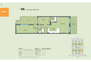 08. Courtyard Apartment
Type
Apartments
Ground Level 7.0.2 / 7.0.3* / 7.0.6 / 7.0.7* /
10.0.2* / 10.0.3 / 10.0.6* / 10.0.7
First Level ------------------------------------
Second Level ------------------------------------
Third Level ------------------------------------
Fourth Level ------------------------------------
Fifth Level ------------------------------------
Total Area 89.54 sq m / 963.81 sq ft
Workspace Area 29.62 sq m / 318.83 sq ft
Living/Dining/Kitchen
7907mm x 5840mm 26' 0" x 19' 2"
Bedroom
4253mm x 2749mm 14' 0" x 9' 0"
Workspace
7717mm x 2922mm 25' 4" x 9' 7"
10.0.8
10.0.7
10.0.6
10.0.5
10.0.3
10.0.2
10.0.17.0.1
7.0.2
7.0.3
7.0.4
7.0.5
7.0.6
7.0.7
7.0.8
BROMYARD AVENUE
COURTYARD
COURTYARD
THIRD AVENUE
CENTRALWALK
LIFT
LIFT
LIFT LIFT
LIFT
LIFT
N
* These apartment layouts are a mirrored version of the type shown
22
Ground
Level
 