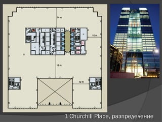 1 Churchill Place, разпределение
 