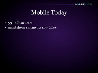 Mobile Today
• 5.5+ billion users
• Smartphone shipments now 21%+
 