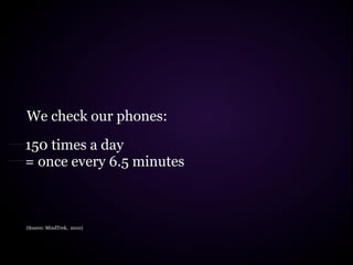 We check our phones:
150 times a day
= once every 6.5 minutes



(Source: MindTrek, 2010)
 
