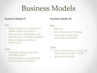 Business Models
Business Model #1                  Business Model #2

Pro:                               Pro:
• Allows agency to take on a       • Efficient
   wider range of projects         • Not chasing technology
• Tech leads collaborate with      • Leverage value from
   creatives on complex projects      production partners
• Quick implementation &
   turnaround
                                   Con:
Con:
                                   • Cost to client must cover full
• Training, developing and           cost of production + Staff
  retaining talent
                                   • Less room for R&D
• Identifying the appropriate
  technologies to adopt
 