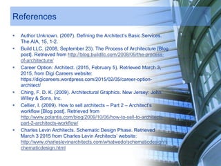 References
 Author Unknown. (2007). Defining the Architect’s Basic Services.
The AIA, 15, 1-2.
 Build LLC. (2008, September 23). The Process of Architecture [Blog
post]. Retrieved from http://blog.buildllc.com/2008/09/the-process-
of-architecture/
 Career Option: Architect. (2015, February 5). Retrieved March 3,
2015, from Digi Careers website:
https://digicareers.wordpress.com/2015/02/05/career-option-
architect/
 Ching, F. D. K. (2009). Architectural Graphics. New Jersey: John
Willey & Sons, Inc.
 Cellier, I. (2009). How to sell architects – Part 2 – Architect’s
workflow [Blog post]. Retrieved from
http://www.polantis.com/blog/2009/10/06/how-to-sell-to-architects-
part-2-architects-workflow/
 Charles Levin Architects. Schematic Design Phase. Retrieved
March 3 2015 from Charles Levin Architects’ website:
http://www.charleslevinarchitects.com/whatwedo/schematicdesign/s
chematicdesign.html
 