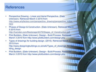 References
 Perspective Drawing - Linear and Aerial Perspective. (Date
Unknown). Retrieved March 3 2015 from
http://www.artyfactory.com/perspective_drawing/perspective_index.
html
 Phases of Design & Construction. (Date Unknown). Retrieved March
9 2015 from
http://hamden.com/filestorage/43/79/Stages_of_Construction.pdf
 Pilot Builders. (Date Unknown). Design - Build Process. Retrieved
March 3 2015 from http://www.pilotbuilders.com/design.php
 Types of drawings for building design. (2015). Retrieved March 3
2015 from
http://www.designingbuildings.co.uk/wiki/Types_of_drawings_for_bui
lding_design
 Pilot Builders. (Date Unknown). Design - Build Process. Retrieved
March 3 2015 from http://www.pilotbuilders.com/design.php
 