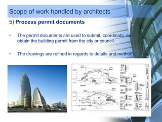 Scope of work handled by architects
5) Process permit documents
• The permit documents are used to submit, coordinate, and
obtain the building permit from the city or council.
• The drawings are refined in regards to details and methods.
 