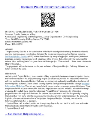 Integrated Project Delivery For Construction | PDF