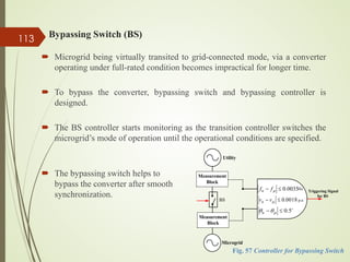  Microgrid being virtually transited to grid-connected mode, via a converter
operating under full-rated condition becomes impractical for longer time.
 To bypass the converter, bypassing switch and bypassing controller is
designed.
 The BS controller starts monitoring as the transition controller switches the
microgrid’s mode of operation until the operational conditions are specified.
Bypassing Switch (BS)
Utility
Triggering Signal
for BS
Measurement
Block
Measurement
Block
BS
Microgrid

5
.
0
≤
− µ
θ
θu
0035
.
0
≤
− µ
f
fu Hz
0018
.
0
≤
− µ
v
vu p.u
Fig. 57 Controller for Bypassing Switch
113
 The bypassing switch helps to
bypass the converter after smooth
synchronization.
 