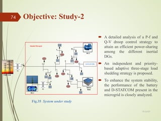  A detailed analysis of a P-f and
Q-V droop control strategy to
attain an efficient power-sharing
among the different inertial
DGs.
 An independent and priority-
based adaptive three-stage load
shedding strategy is proposed.
 To enhance the system stability,
the performance of the battery
and D-STATCOM present in the
microgrid is closely analyzed.
13-Jul-21
74
T1
3
4
5
6
7
11
12 13
9
10
T2
Islanded Microgrid
DG-1
8
1
2
Utility Grid
Battery
Bank
D-STATCOM
DG-2
L1
L10
L14
L2
L3
L5
L15
L12
L13
L16
L11
L8
L6
L4
L7
L9
Fig.35 System under study
Objective: Study-2
 
