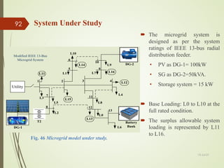 System Under Study
 The microgrid system is
designed as per the system
ratings of IEEE 13-bus radial
distribution feeder.
• PV as DG-1= 100kW
• SG as DG-2=50kVA.
• Storage system = 15 kW
 Base Loading: L0 to L10 at the
full rated condition.
 The surplus allowable system
loading is represented by L11
to L16.
3 4
5
6
7 11
12
13
9
10
L8
L2
L3
L0
T2
Modified IEEE 13-Bus
Microgrid System
L6
L10
L7
DG-1
8
L11
1 2
Battery
Bank
DG-2
L9
L1
L4
L5
L12
L13
L14
L15
L16
Utility
Fig. 46 Microgrid model under study.
13-Jul-21
92
 