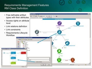 10
Requirements Management Features
RM Class Definition
• Free definable artifact
types with their attributes
• Access rights on attribute
level
• Link relations definition
• Link constraints
• Requirements Lifecycle
Workflow
 