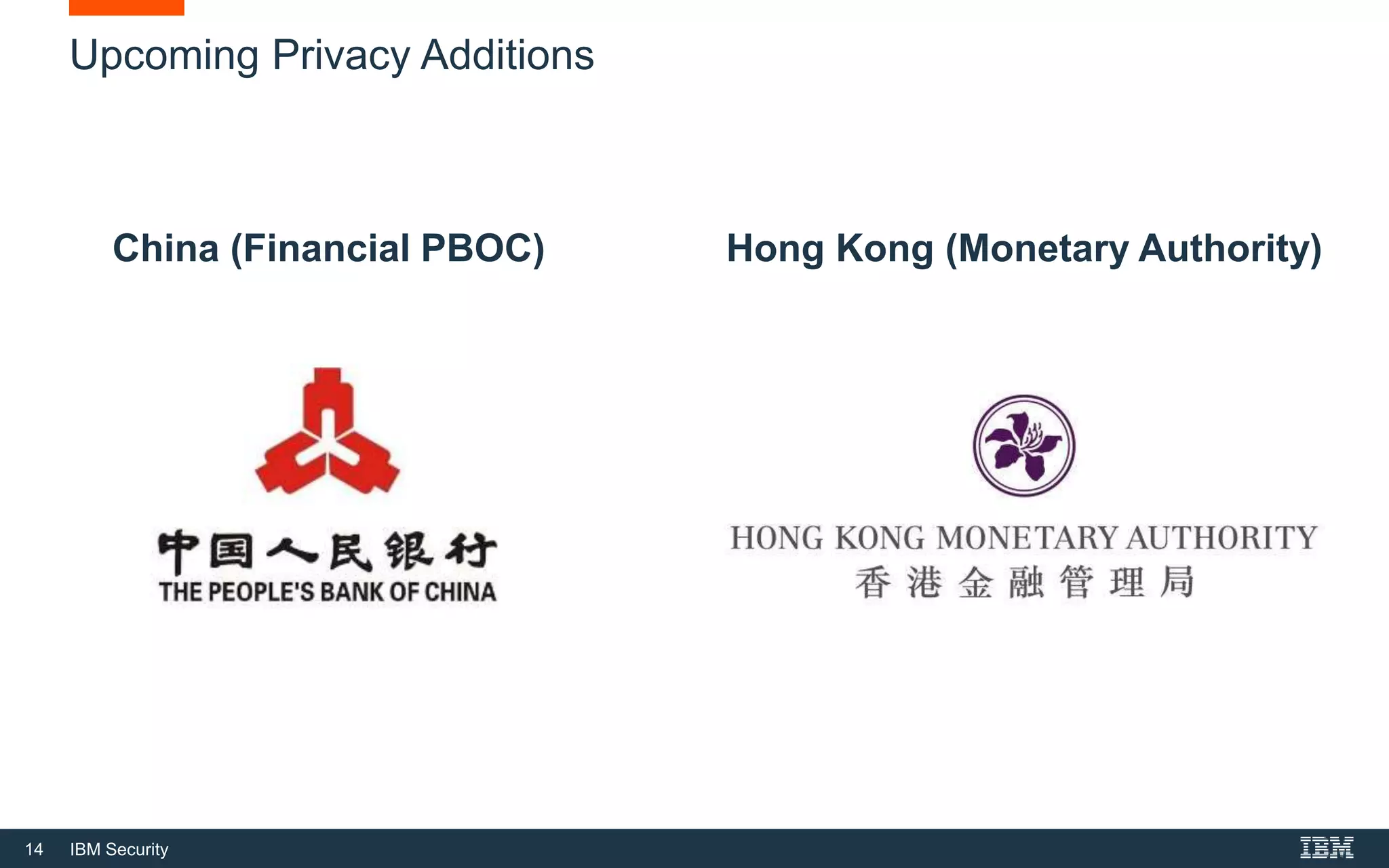 14 IBM Security
Upcoming Privacy Additions
China (Financial PBOC) Hong Kong (Monetary Authority)
 