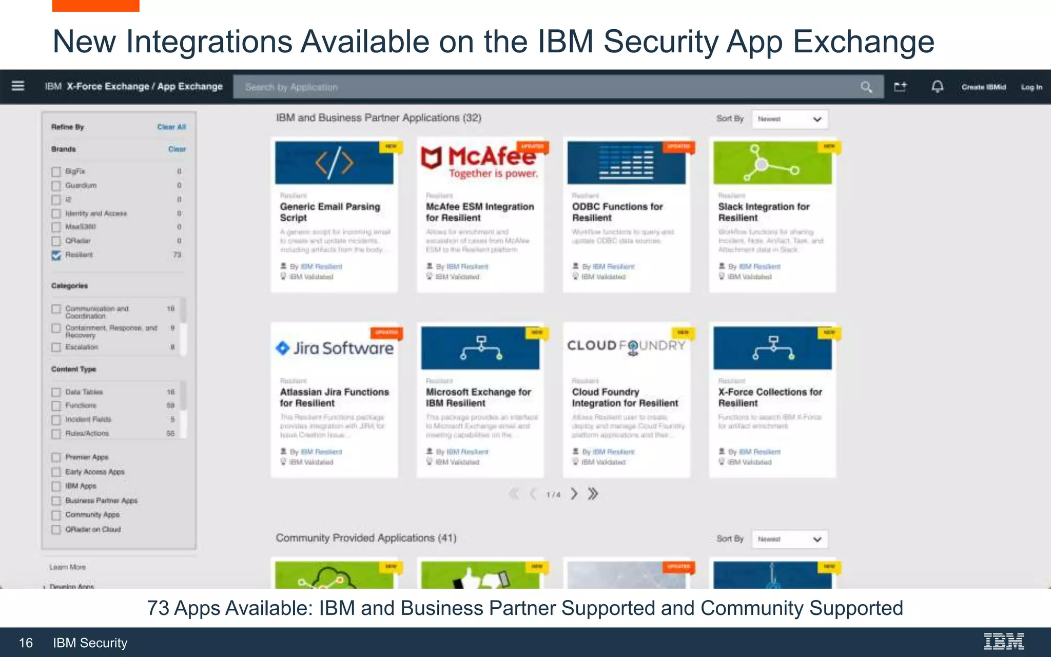 16 IBM Security
73 Apps Available: IBM and Business Partner Supported and Community Supported
New Integrations Available on the IBM Security App Exchange
 