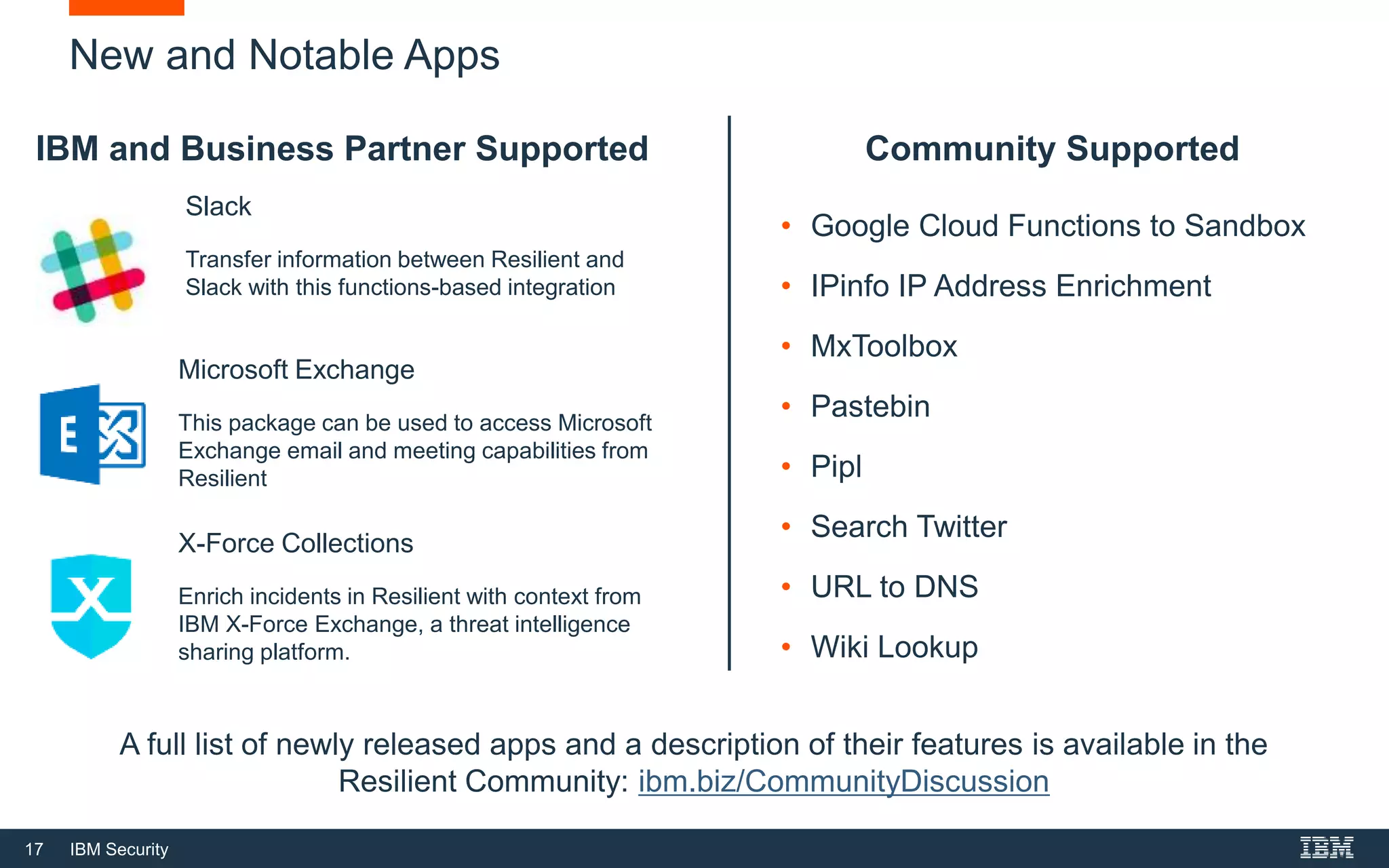 17 IBM Security
New and Notable Apps
Slack
Transfer information between Resilient and
Slack with this functions-based integration
A full list of newly released apps and a description of their features is available in the
Resilient Community: ibm.biz/CommunityDiscussion
IBM and Business Partner Supported Community Supported
Microsoft Exchange
This package can be used to access Microsoft
Exchange email and meeting capabilities from
Resilient
• Google Cloud Functions to Sandbox
• IPinfo IP Address Enrichment
• MxToolbox
• Pastebin
• Pipl
• Search Twitter
• URL to DNS
• Wiki Lookup
X-Force Collections
Enrich incidents in Resilient with context from
IBM X-Force Exchange, a threat intelligence
sharing platform.
 