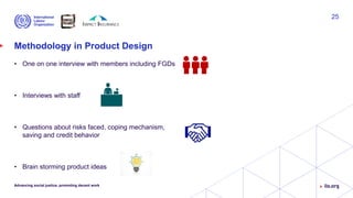 Methodology in Product Design
• One on one interview with members including FGDs
• Interviews with staff
• Questions about risks faced, coping mechanism,
saving and credit behavior
• Brain storming product ideas
Advancing social justice, promoting decent work
25
 