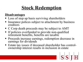 Stock Redemption Disadvantages Loss of step up basis surviving shareholders Insurance polices subject to attachment by business creditors C Corp death proceeds may be subject to AMT If policies overfunded to provide non-qualified retirement benefits, benefits are taxable Proceeds increase earnings, redemption decrease in earnings for dividends Estate tax issues if deceased shareholder has control-ownership interest results in inclusion in estate 