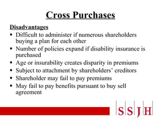 Cross Purchases Disadvantages Difficult to administer if numerous shareholders buying a plan for each other Number of policies expand if disability insurance is purchased Age or insurability creates disparity in premiums Subject to attachment by shareholders’ creditors Shareholder may fail to pay premiums May fail to pay benefits pursuant to buy sell agreement 