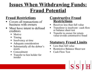 Issues When Withdrawing Funds: Fraud Potential Fraud Restrictions Covers all transactions of business with owners Must have intent to defraud creditors Motive Timing Insolvency at time Adequate consideration Substantially all the debtor’s assets Concealment Transfer to lien holder for insider Constructive Fraud Restrictions Receives less than full value Transferor is insolvent –cash flow or balance sheet test Transfer to owner for return value-avoids constructive fraud Statutory Fraud Limits Less than full value Restrictive Balance Sheet test Cash Flow Test 