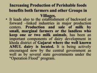 Increasing Production of Perishable foods
benefits both farmers and other Groups in
Villages.

• It leads also to the establishment of backward or
forward –linked industries in major production
centers. Production and sale of milk by
small, marginal farmers or the landless who
keep one or two milk animals, has been an
important components of dairy development in
kheda district of Gujarat where the well known
AMUL dairy is located. It is being actively
encouraged now by the central government as
well as by several state governments under the
“Operation Flood” program.

 