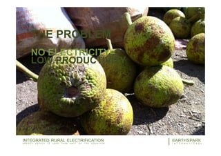 THE PROBLEM
NO ELECTRICITY=
LOW PRODUCTIVITY
11EARTHSPARK
I N T E R N A T I O N A L
INTEGRATED RURAL ELECTRIFICATION
E N E R G Y S U P P L Y I S L E S S T H A N H A L F O F T H E E Q U A T I O N
 