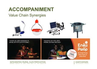 26EARTHSPARK
I N T E R N A T I O N A L
INTEGRATED RURAL ELECTRIFICATION
E N E R G Y S U P P L Y I S L E S S T H A N H A L F O F T H E E Q U A T I O N
ACCOMPANIMENT
Value Chain Synergies
 