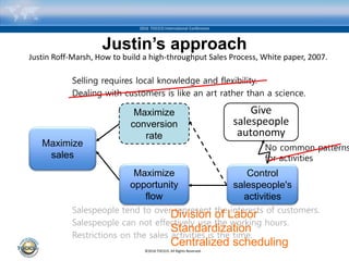 ©2016 TOCICO. All Rights Reserved.
2016 TOCICO International Conference
Justin’s approach
Control
salespeople's
activities
Give
salespeople
autonomy
Maximize
conversion
rate
Maximize
opportunity
flow
Maximize
sales
Salespeople tend to over-represent the interests of customers.
Salespeople can not effectively use the working hours.
Restrictions on the sales activities is the time.
Selling requires local knowledge and flexibility.
Dealing with customers is like an art rather than a science.
No common patterns
for activities
Division of Labor
Standardization
Centralized scheduling
Justin Roff-Marsh, How to build a high-throughput Sales Process, White paper, 2007.
 