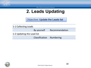 ©2016 TOCICO. All Rights Reserved.
2016 TOCICO International Conference
2. Leads Updating
18
1-1 Collecting Leads
By yourself Recommendation
1-2 Updating the Lead list
Classification Numbering
Objective: Update the Leads list
 