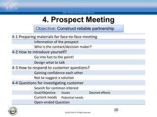 ©2016 TOCICO. All Rights Reserved.
2016 TOCICO International Conference
4. Prospect Meeting
20
4-1 Preparing materials for face-to-face meeting
Information of the prospect
Who is the contact/decision maker?
4-2 How to introduce yourself?
Go into fast to the point!
Design what to talk
4-3 How to respond to customer questions?
Gaining confidence each other
Not to suggest a solution
4-4 Questions for investigating customer
Search for common interest
Goal/Objective Issues Desired effects
Current needs Potential needs
Open-ended Question
Objective: Construct reliable partnership
 