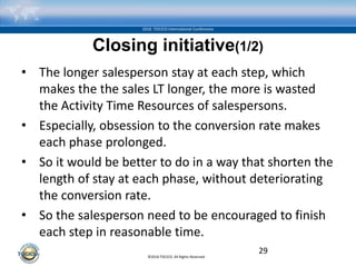 ©2016 TOCICO. All Rights Reserved.
2016 TOCICO International Conference
Closing initiative(1/2)
• The longer salesperson stay at each step, which
makes the the sales LT longer, the more is wasted
the Activity Time Resources of salespersons.
• Especially, obsession to the conversion rate makes
each phase prolonged.
• So it would be better to do in a way that shorten the
length of stay at each phase, without deteriorating
the conversion rate.
• So the salesperson need to be encouraged to finish
each step in reasonable time.
29
 