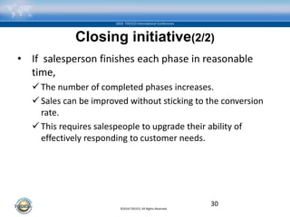 ©2016 TOCICO. All Rights Reserved.
2016 TOCICO International Conference
Closing initiative(2/2)
• If salesperson finishes each phase in reasonable
time,
 The number of completed phases increases.
 Sales can be improved without sticking to the conversion
rate.
 This requires salespeople to upgrade their ability of
effectively responding to customer needs.
30
 