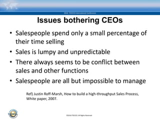 ©2016 TOCICO. All Rights Reserved.
2016 TOCICO International Conference
Issues bothering CEOs
• Salespeople spend only a small percentage of
their time selling
• Sales is lumpy and unpredictable
• There always seems to be conflict between
sales and other functions
• Salespeople are all but impossible to manage
Ref) Justin Roff-Marsh, How to build a high-throughput Sales Process,
White paper, 2007.
 