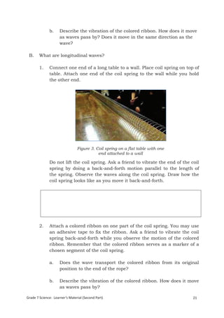 b. Describe the vibration of the colored ribbon. How does it move 
as waves pass by? Does it move in the same direction as the 
wave? 
B. What are longitudinal waves? 
1. Connect one end of a long table to a wall. Place coil spring on top of 
table. Attach one end of the coil spring to the wall while you hold 
the other end. 
Figure 3. Coil spring on a flat table with one 
end attached to a wall 
Do not lift the coil spring. Ask a friend to vibrate the end of the coil 
spring by doing a back-and-forth motion parallel to the length of 
the spring. Observe the waves along the coil spring. Draw how the 
coil spring looks like as you move it back-and-forth. 
2. Attach a colored ribbon on one part of the coil spring. You may use 
an adhesive tape to fix the ribbon. Ask a friend to vibrate the coil 
spring back-and-forth while you observe the motion of the colored 
ribbon. Remember that the colored ribbon serves as a marker of a 
chosen segment of the coil spring. 
a. Does the wave transport the colored ribbon from its original 
position to the end of the rope? 
b. Describe the vibration of the colored ribbon. How does it move 
as waves pass by? 
Gr ade 7 Science: Learner’s Material (Second Part) 21 
Grade 7 Science: Energy In Motion 103 
 