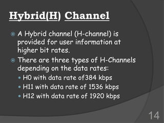 Hybrid(H) Channel
 A Hybrid channel (H-channel) is
provided for user information at
higher bit rates.
 There are three types of H-Channels
depending on the data rates:
 H0 with data rate of384 kbps
 H11 with data rate of 1536 kbps
 H12 with data rate of 1920 kbps
14
 