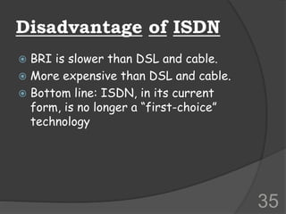 Disadvantage of ISDN
 BRI is slower than DSL and cable.
 More expensive than DSL and cable.
 Bottom line: ISDN, in its current
form, is no longer a “first-choice”
technology
35
 