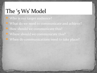 The ‘5 Ws’ Model
 Who is our target audience?
 What do we need to communicate and achieve?
 How should we communicate this?
 Where should we communicate this?
 When do communications need to take place?

 