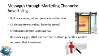 • Build awareness, inform, persuade, and remind
• Challenge: How stand out from the crowd?
• Effectiveness remains controversial
• Research suggests that less than half of all ads generate a positive
return on their investment
Messages through Marketing Channels:
Advertising
 